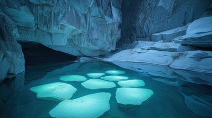 Poster - Softly illuminated cave with bioluminescent fungi reflecting in water