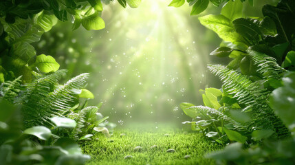 Poster - softly lit forest path surrounded by lush ferns and vibrant greenery creates serene atmosphere, inviting exploration and tranquility