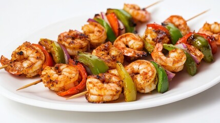 Wall Mural - A plate of spicy Cajun shrimp skewers with marinated shrimp, bell peppers, and onions