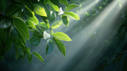 Poster - Sunlight streaming through canopy of leaves creates serene atmosphere. vibrant green foliage glistens in gentle light