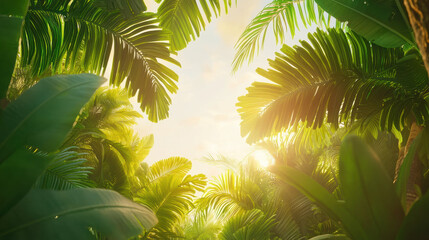 Poster - Lush green foliage with sunlight streaming through leaves creates serene atmosphere