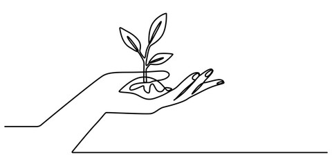 Fototapete - Hand hold leaves branch continuous line drawing. Plant in human arm one line art. Vector illustration isolated on white, Sprout in Hands Continuous Line Icon, Single continuous line of hands holding. 
