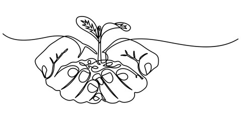 Fototapete - Hand hold leaves branch continuous line drawing. Plant in human arm one line art. Vector illustration isolated on white, Sprout in Hands Continuous Line Icon, Single continuous line of hands holding. 