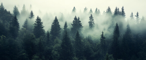 Wall Mural - misty landscape with mountains and dark moody fir forest in hipster vintage retro style