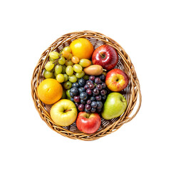 Wall Mural - Basket of Fresh Fruits: A vibrant assortment of fresh fruits, including grapes, apples, and oranges, artfully arranged in a rustic wicker basket. A perfect visual for health, nutrition.