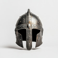 Wall Mural - Medieval knight helmet with intricate metalwork on white background