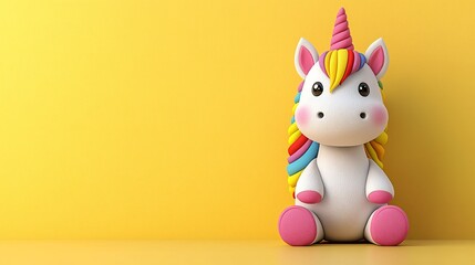 Wall Mural - Cute rainbow unicorn sitting, yellow background, children's illustration