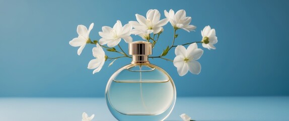 Wall Mural - Perfume bottle with white Flowers on blue background.