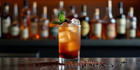 Wall Mural - A refreshing blend of coffee and whiskey, garnished with a sprig of mint