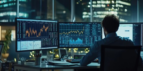 Poster - Professionals perform investment analysis with comprehensive charts, graphs, and financial data in a modern office.