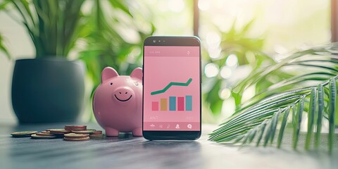 Leinwandbilder - A smartphone with a financial app offering budgeting, investments, and savings tools, featuring a modern and user-friendly layout.