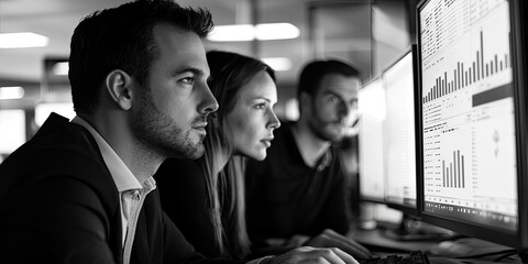 Poster - Corporate team engages in investment analysis using advanced tools and visualizations to assess financial opportunities.