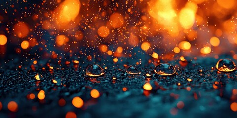 Poster - Blurry image of a wet surface with orange sparks and water droplets