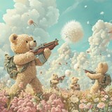 Teddy Bears Shooting Dandelions In A Flower Field