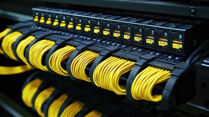 Aufkleber - a network switch displaying ports with secure cabling, illustrating data flow on a monitor for a resilient infrastructure.
