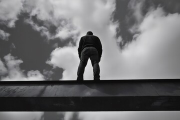 Low angle view of man standing on metal beam against cloudy sky, conveying concepts of courage, challenge, and achievement