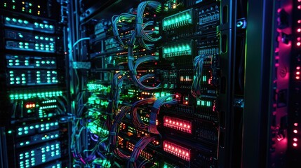 Aufkleber - a network switch displaying ports with secure cabling, illustrating data flow on a monitor for a resilient infrastructure.
