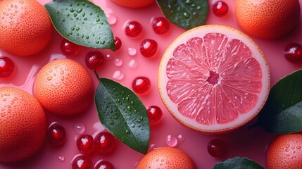 Wall Mural - Close-up of citrus slices and berries on a pink background