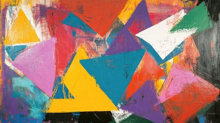 Poster - Vibrant abstract composition with colorful overlapping triangles and dynamic brush strokes creating a visually striking artistic expression
