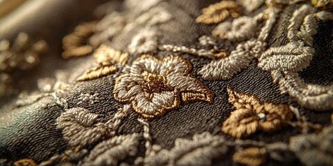 Aufkleber - Macro shot of vintage embroidery with fine threads and rich textures, ideal for creating an elegant, old-world atmosphere.