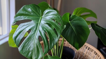 Poster - Monstera plant with vibrant turquoise green leaves showcasing unique split patterns in natural light indoors