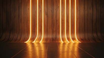Poster - Wooden Wall with Illuminated Curved Neon Lights Creating a Warm Ambient Background for Modern Interior Design or Artistic Displays