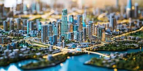 Fototapete - A detailed view of futuristic urban planning, incorporating robotics, AI technology, and a sleek, high-tech aesthetic.