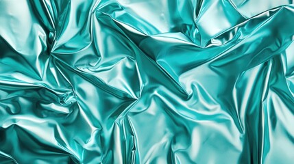 Poster - Turquoise Foil Texture Background with Crumpled Surface and Reflective Aqua Green Finish