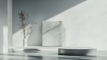 Poster - Minimalist interior with gray walls showcasing a modern TV monitor design and elegant furniture under soft natural light and shadows