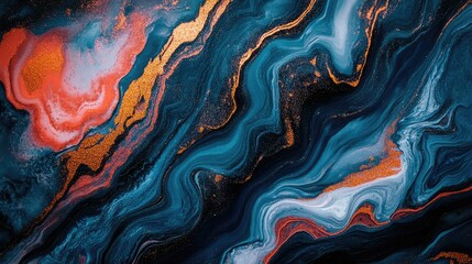 Poster - Luxurious abstract acrylic art with deep blues, reds, and golds showcasing dynamic brushstrokes for an eye-catching decorative piece