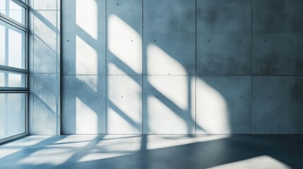 Aufkleber - Modern interior space with vertical poster frame large windows creating dynamic shadows on textured concrete wall
