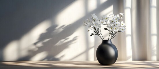 Aufkleber - Minimalist black vase with white bouquet on wooden table dramatic shadows from curtains elegant decor empty space for text