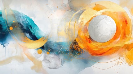Fototapete - Dynamic abstract composition featuring white, gold, and vibrant colors ideal for creative and artistic projects.