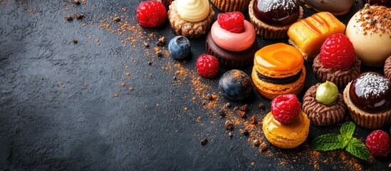 Colorful gourmet desserts and pastries arranged on a dark slate background with fresh berries and mint leaves creating an elegant presentation setting.