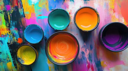 Poster - Colorful Abstract Art with Vibrant Paints in Bowls on a Bright Canvas Background