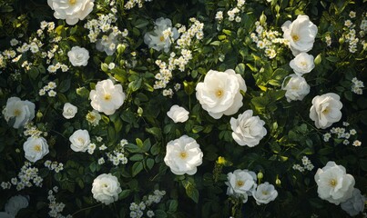 Wall Mural - Overhead view of a lush garden filled with white roses and other flowers in full bloom, serenity, flowers, white rose, sunlight, foliage