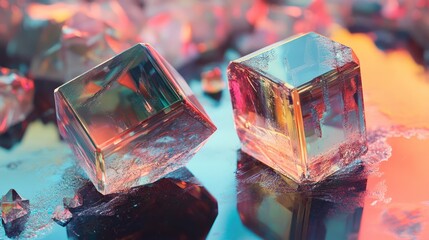 Aufkleber - Abstract Geometric Perovskite Crystals with Colorful Reflections and Textures on a Glossy Surface