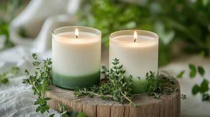 Aufkleber - Elegant Green and White Candles Surrounded by Fresh Herbs on Natural Wooden Base in Soft Natural Light Background