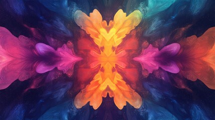 Poster - Symmetrical Vibrant Abstract Fluid Art with Bold Colors in a Dynamic Kaleidoscopic Design