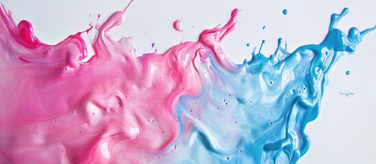 Poster - Vibrant Pink and Blue Acrylic Liquid Drips Flowing and Splashing on White Background with Blank Space for Text and Design Elements