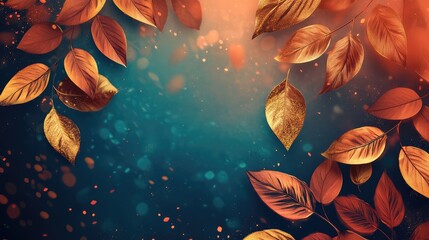 Leinwandbilder - Vibrant autumn background featuring gold foil leaves in warm orange and deep teal hues with bokeh effects and soft glowing light.