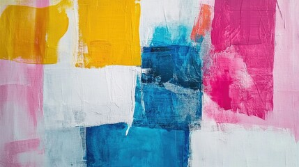 Poster - Colorful Abstract Canvas Art with Bold Brush Strokes and Textured Layers in Vibrant Hues of Pink, Yellow, and Blue