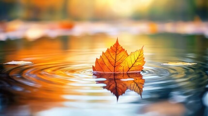 Aufkleber - Vibrant autumn leaves in warm shades of orange and gold floating on calm water with gentle ripples and serene reflections in a tranquil setting