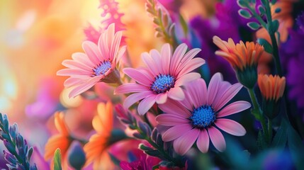Poster - Macro shot of vibrant colorful flowers highlighting the intricate details and beauty of nature in full bloom.