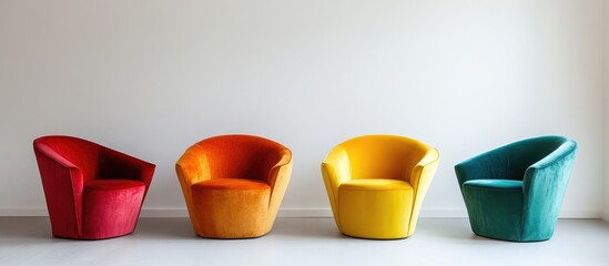 Poster - Colorful designer chairs in vibrant hues arranged stylishly on a minimalistic white background ideal for modern interior decor ideas