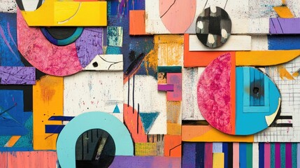 Poster - Colorful Abstract Art Display with Mixed Media Elements and Diverse Shapes Ideal for Contemporary Interior Design and Artistic Inspiration