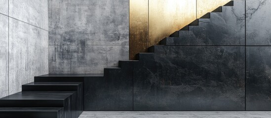 Aufkleber - Contemporary apartment interior showcasing gray and gold accents with marble finishes and a stylish black staircase in Nordic design