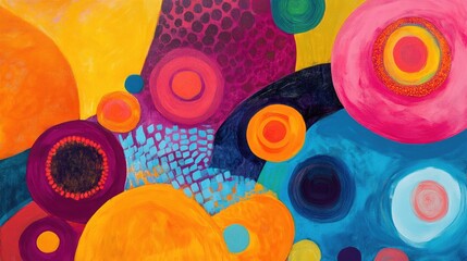 Aufkleber - Colorful abstract composition with circles and organic shapes creating a lively and dynamic visual experience in vibrant hues.