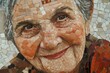© Татьяна Евдокимова - Close up of a mosaic portrait depicting a smiling elderly woman, created with warm earth toned tiles
