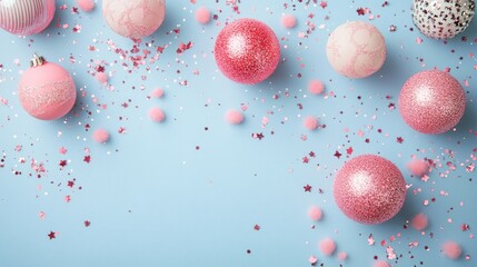 Leinwandbilder - Festive abstract background featuring pastel pink sparkling decorations and ornaments on a soft blue backdrop for celebrations and events